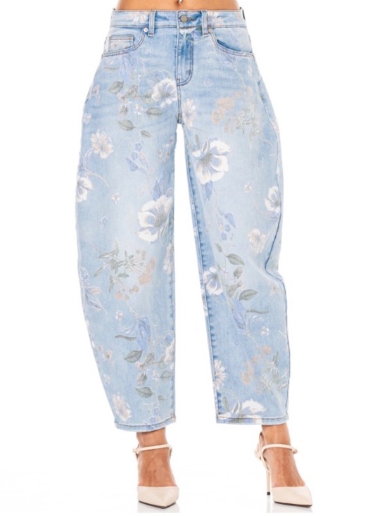 Chic Muse Collection Denim - SM250 | Faded Floral Barrel Leg Jeans